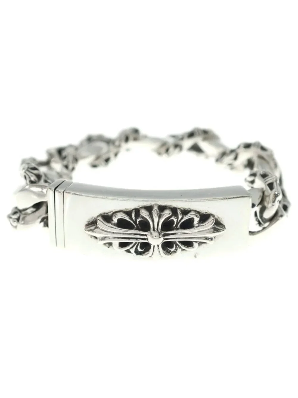Chrome Hearts ID Floral Crs Cross ID Fancy Link Bracelet Silver